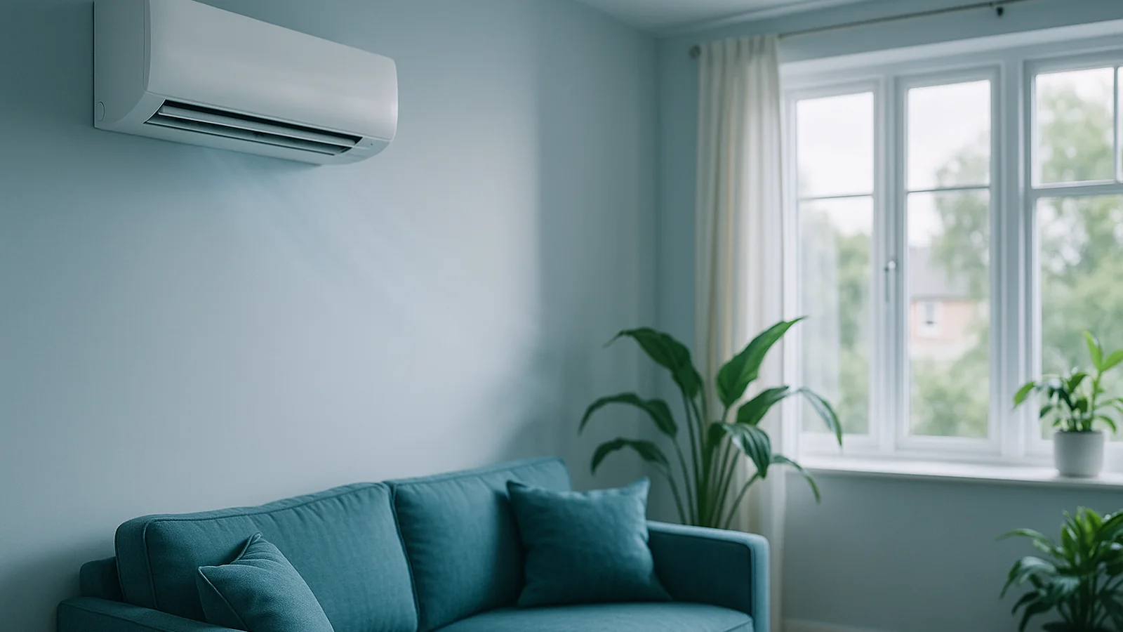 A wall-mounted split air conditioning unit cooling a bright UK living room in summer