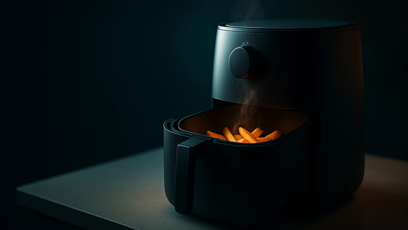 Air fryer with a glowing basket on a kitchen worktop