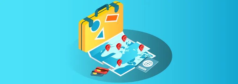 Suitcase, map and travel documents representing annual multi-trip travel insurance