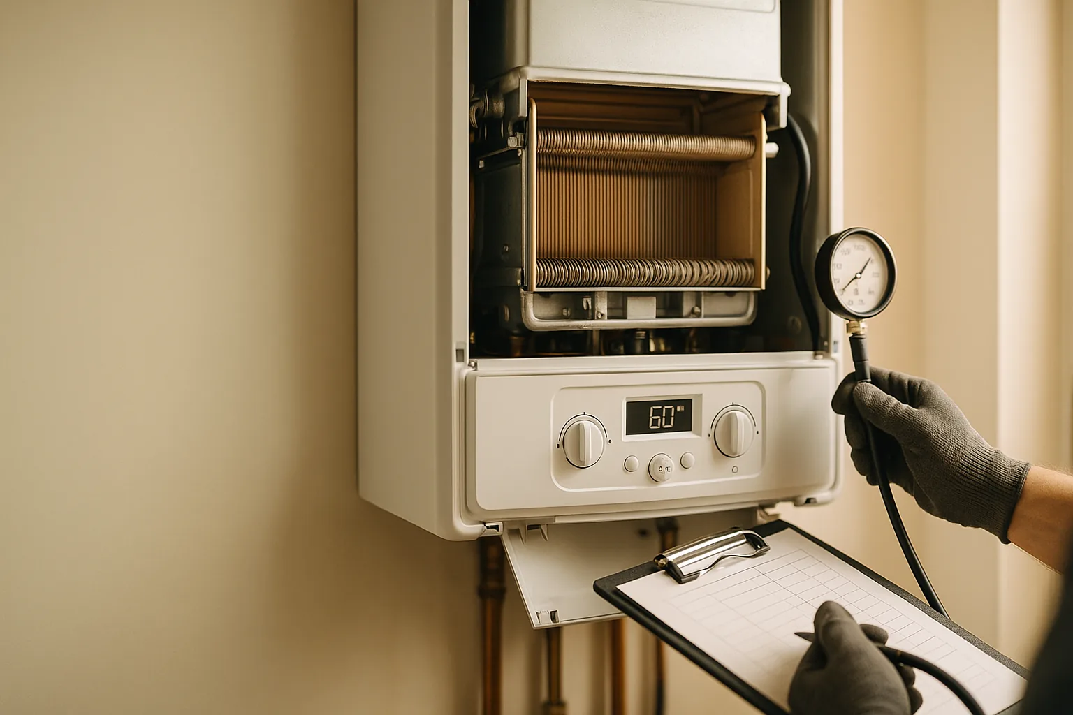 A heating engineer assessing a combi boiler with the front panel open