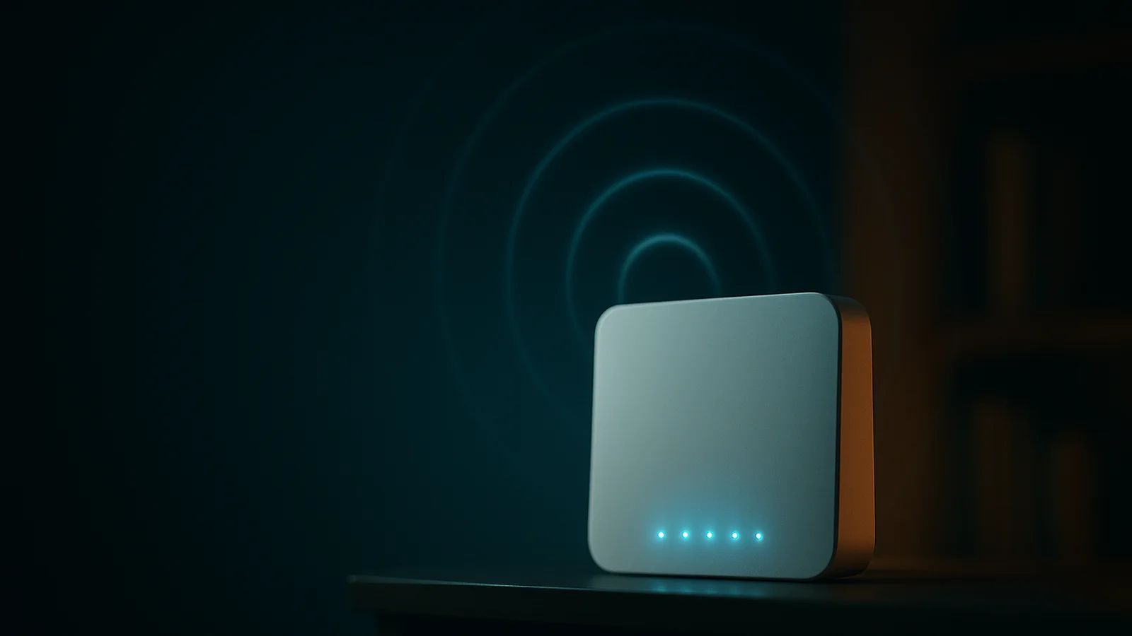 A broadband router with softly glowing status lights
