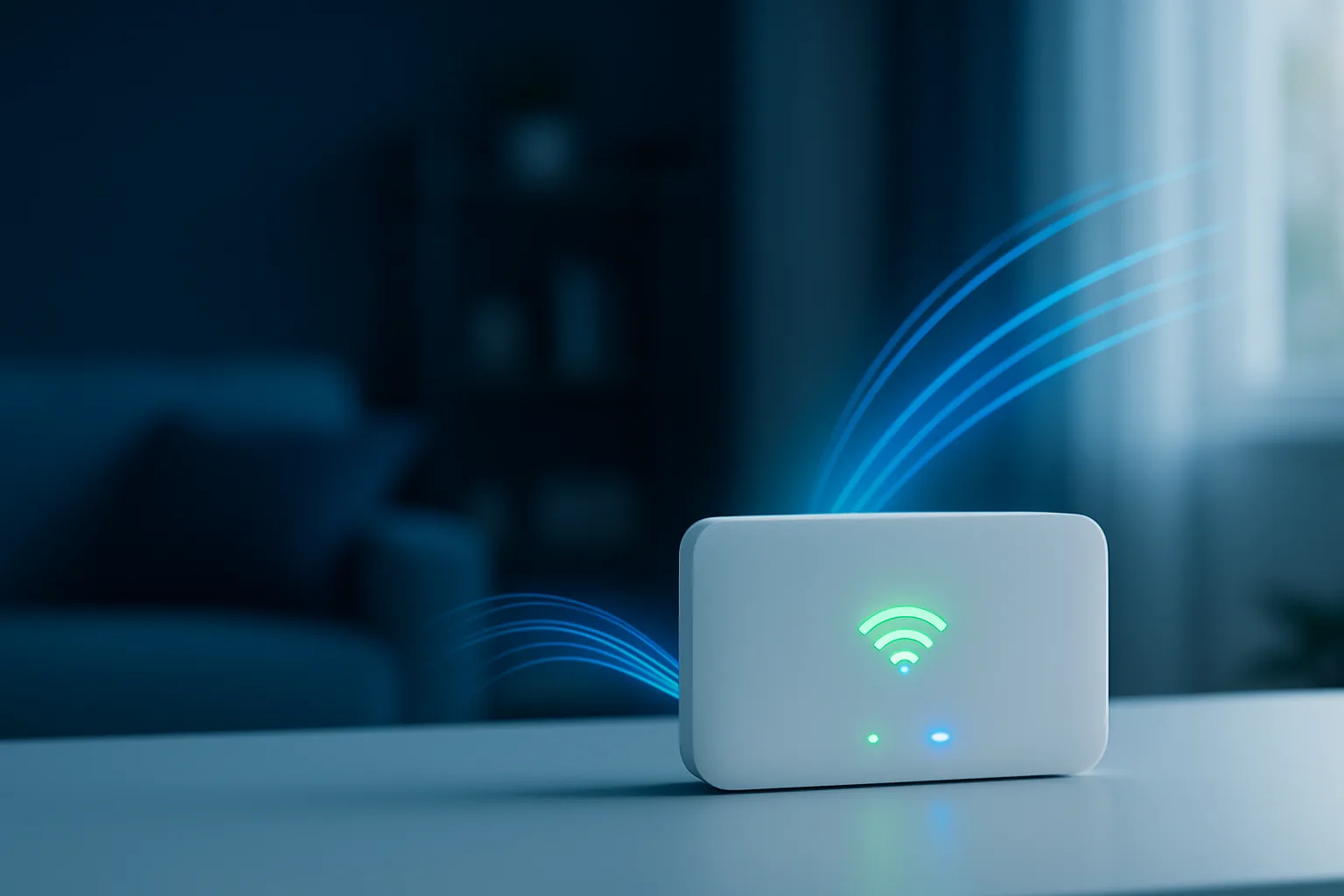 A modern broadband router glowing with fibre and 5G light in a home with no phone line