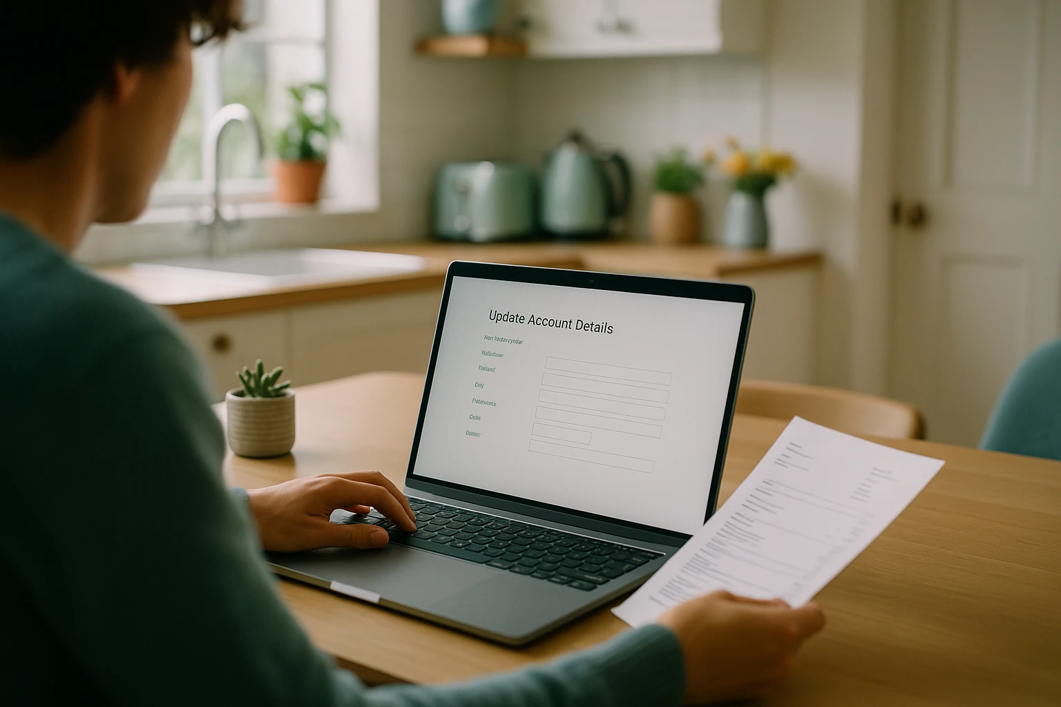Person at a kitchen table updating the name on a utility bill using a laptop