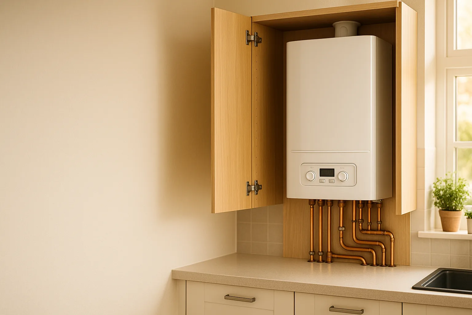 A wall-mounted white combi boiler in a UK kitchen cupboard