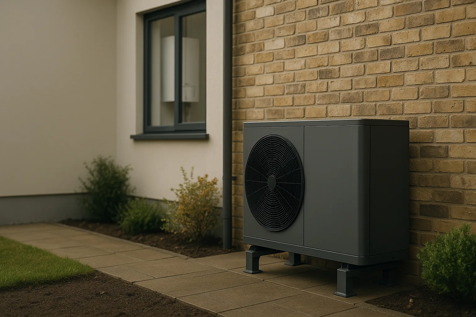 A modern air source heat pump outside a UK home