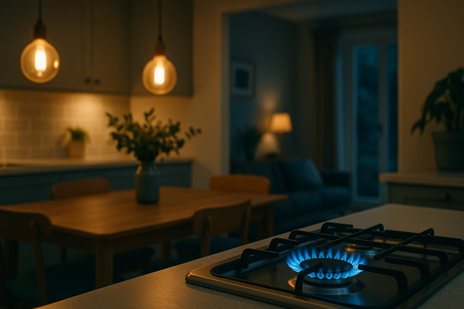 Cosy UK kitchen at dusk with a gas hob flame and electric pendant lights both lit