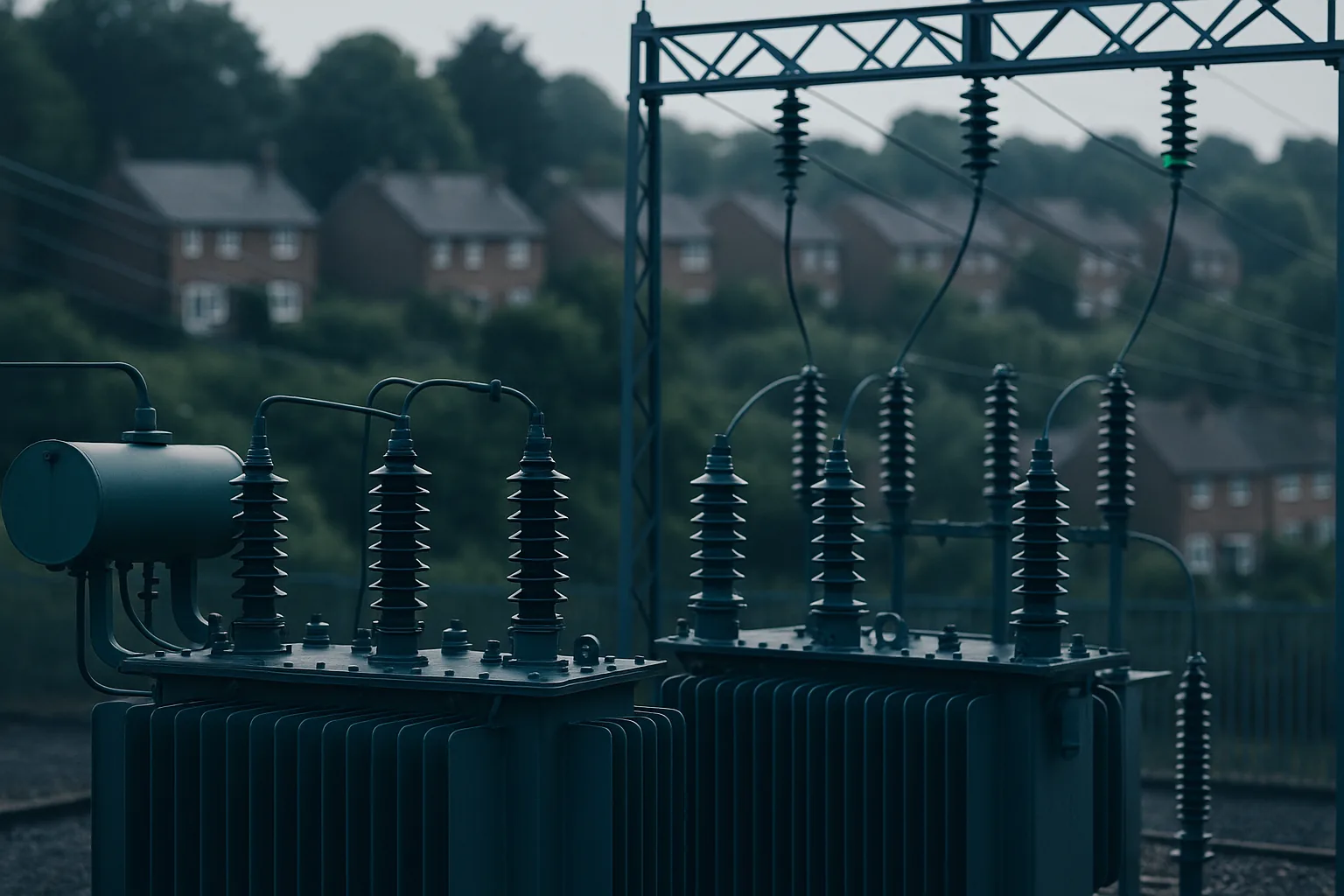 Local electricity distribution substation feeding power lines toward UK homes