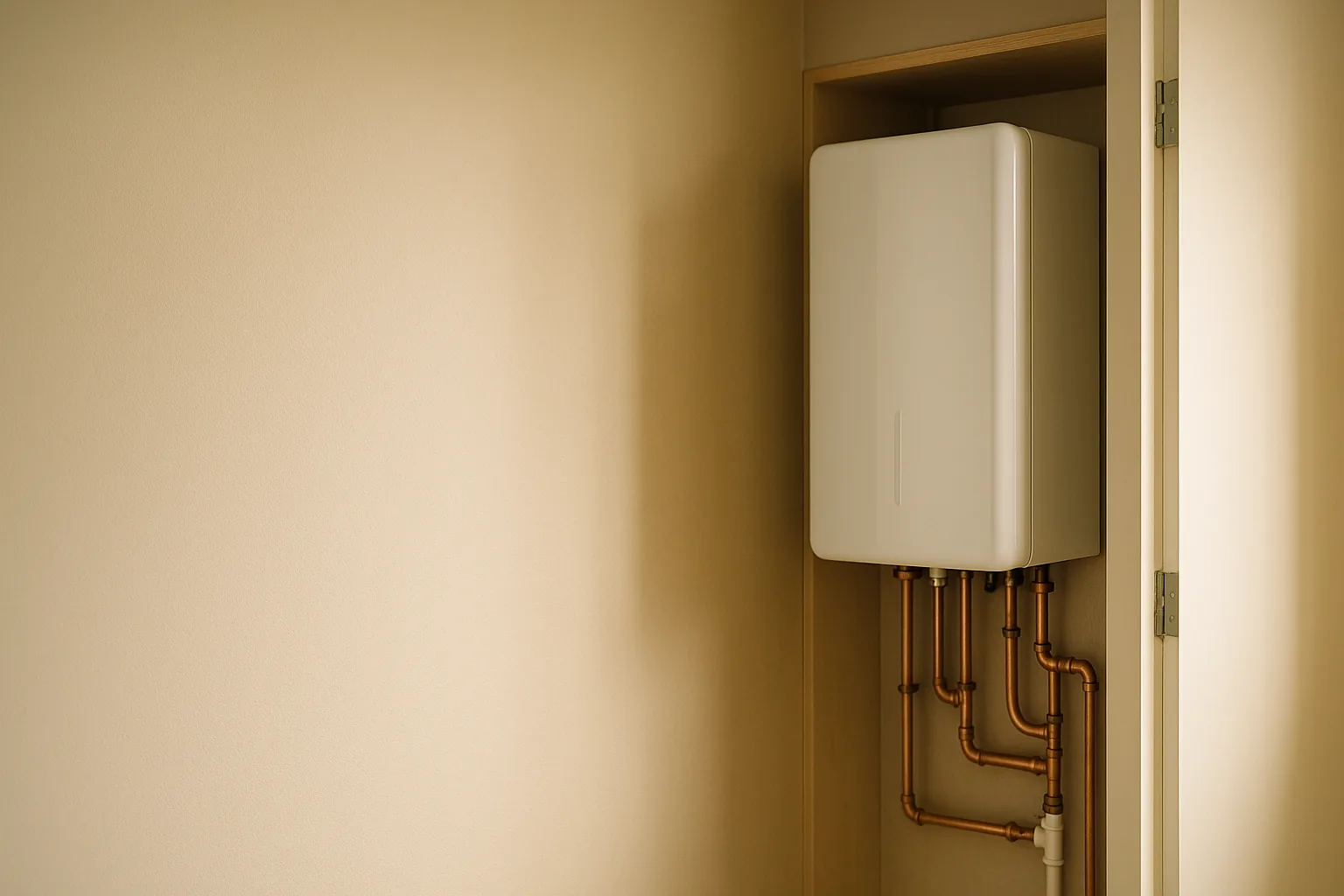 A compact wall-mounted electric boiler in a modern UK flat
