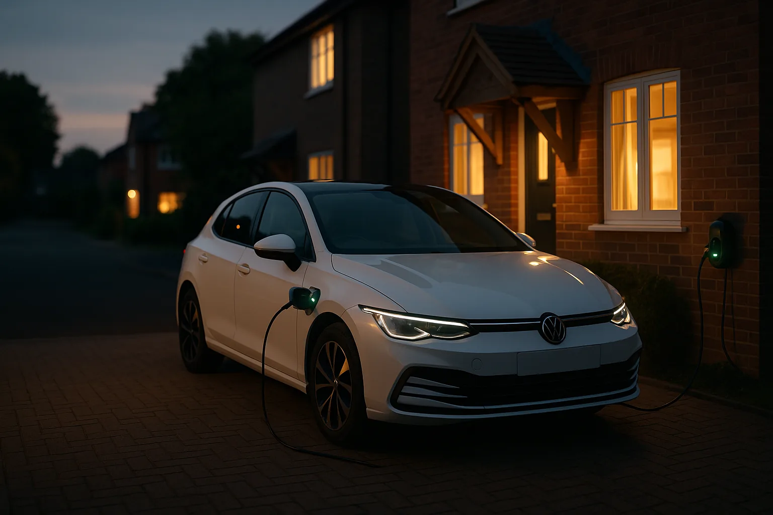 An electric car charging on a UK home driveway at dusk