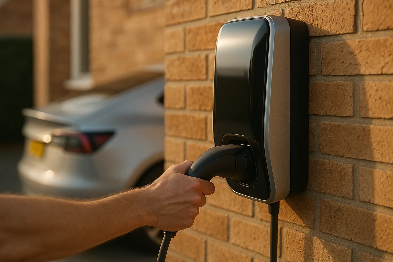 A wall-mounted home EV charger being connected on a UK house