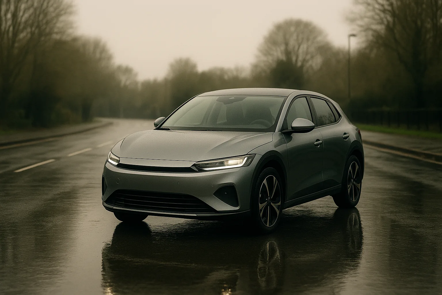 An electric car on a calm UK road