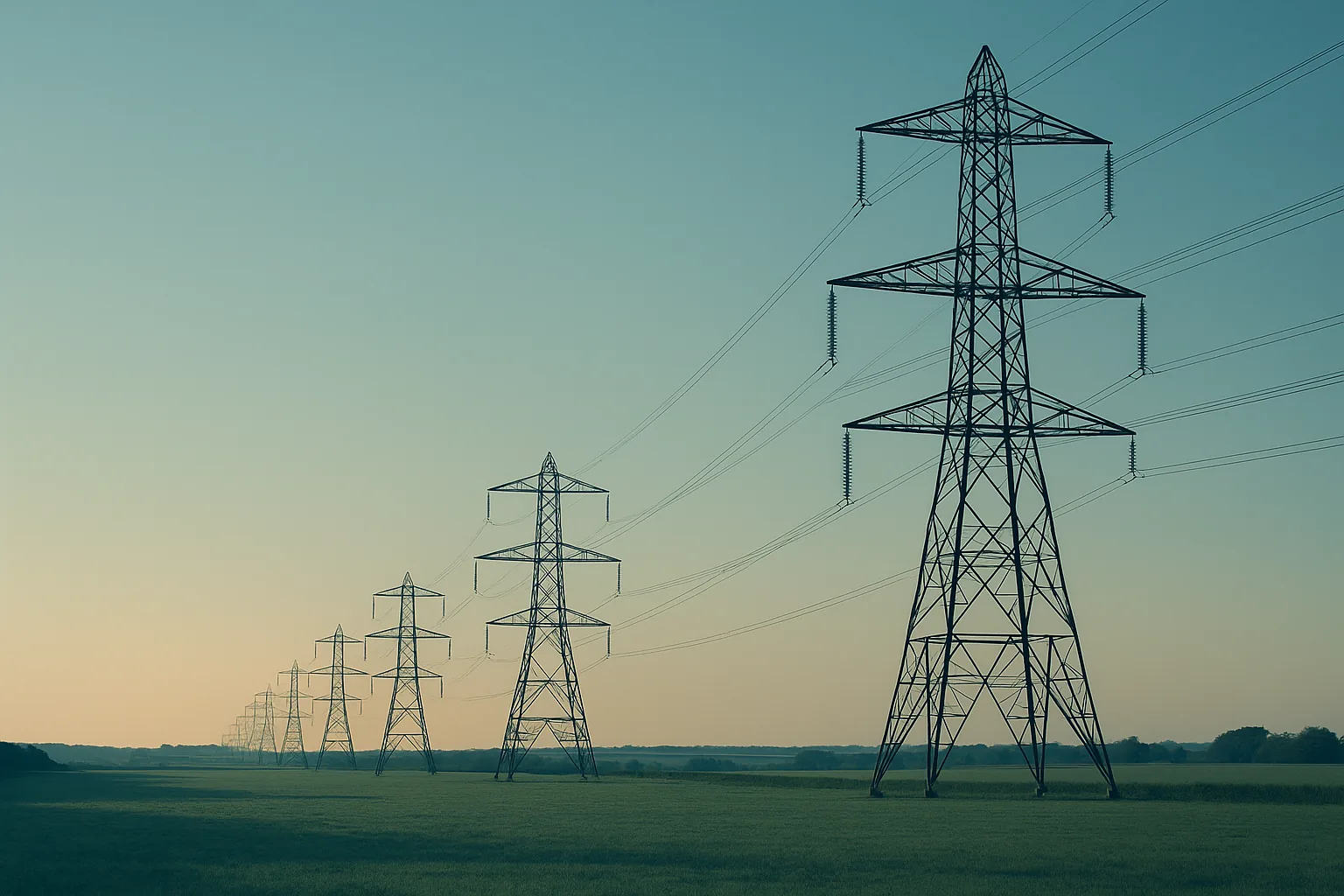 High-voltage electricity transmission pylons marching across the British countryside