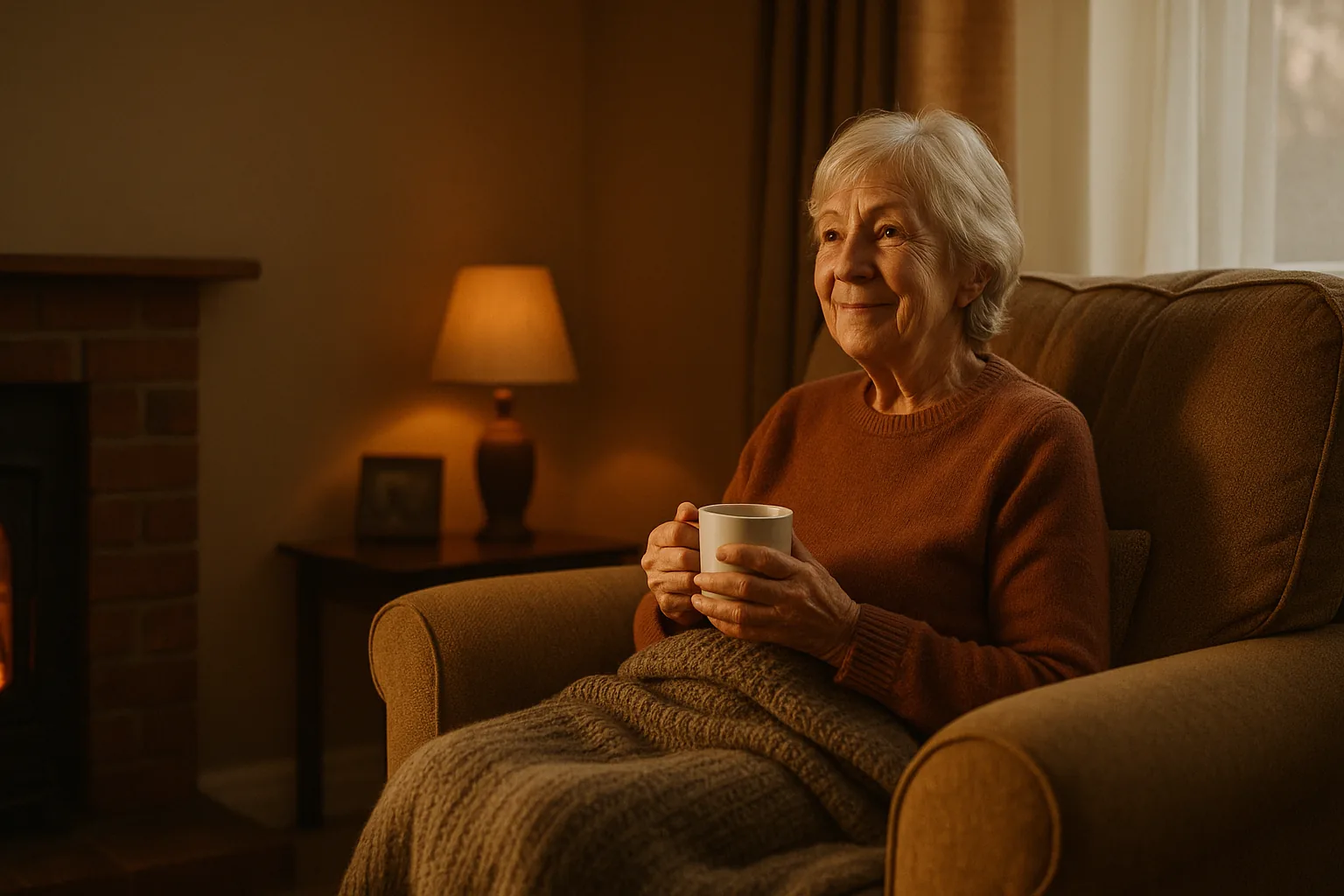 An older person warm and comfortable at home in winter