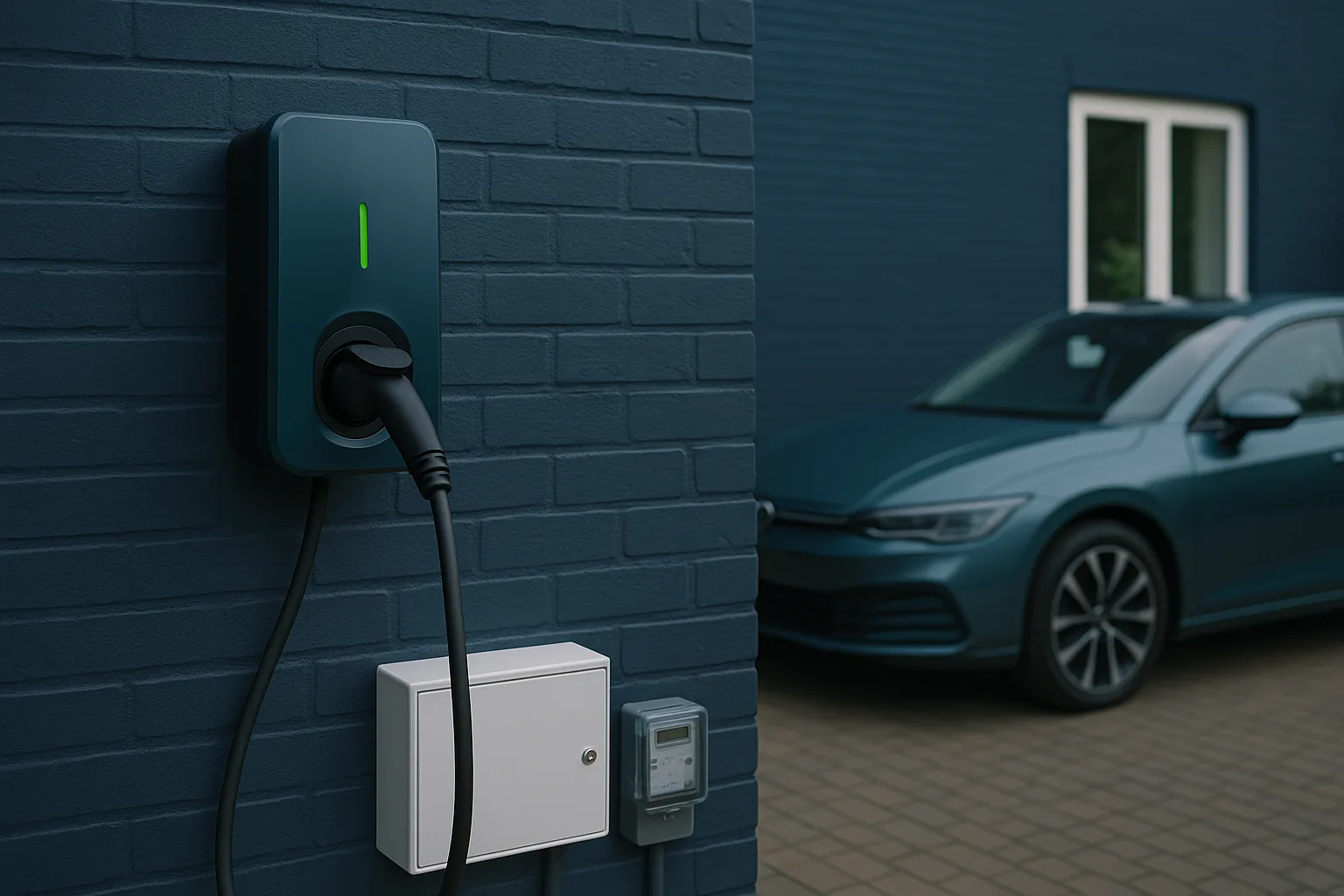 A home EV charger connected to an electric car on a UK driveway