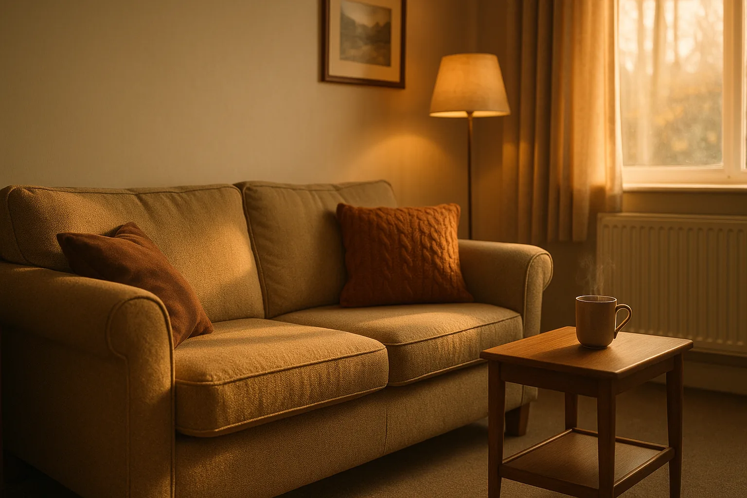A warm, cosy British living room heated in winter