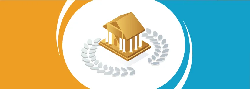 Image of a bank building surrounded by a swirl of gold and blue colours