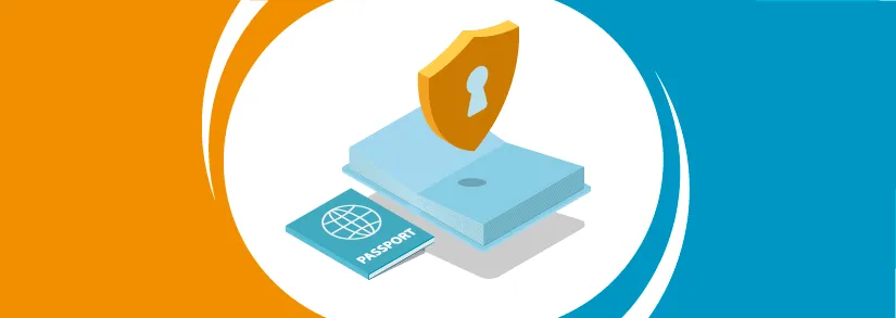 Open dictionary with travel insurance documents and a passport on top