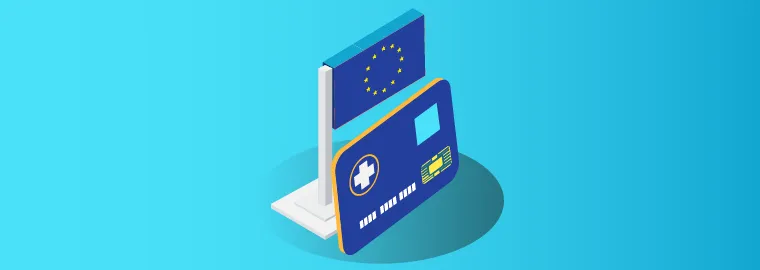 UK GHIC card next to a travel insurance policy and a passport