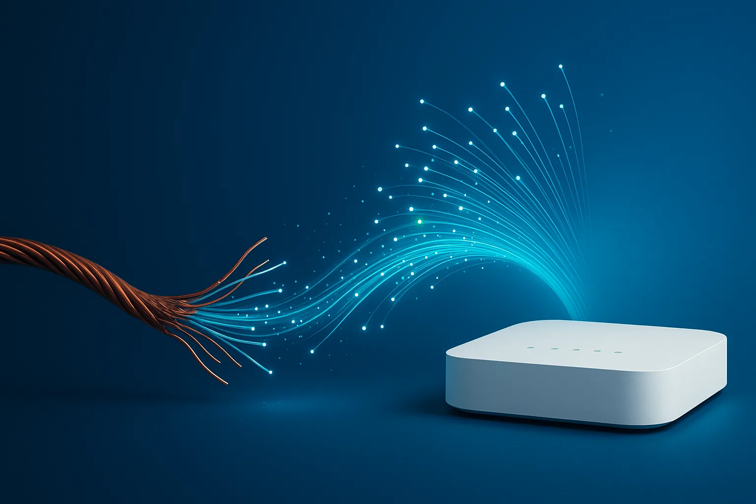 An old copper telephone cable dissolving into glowing fibre strands feeding a modern router