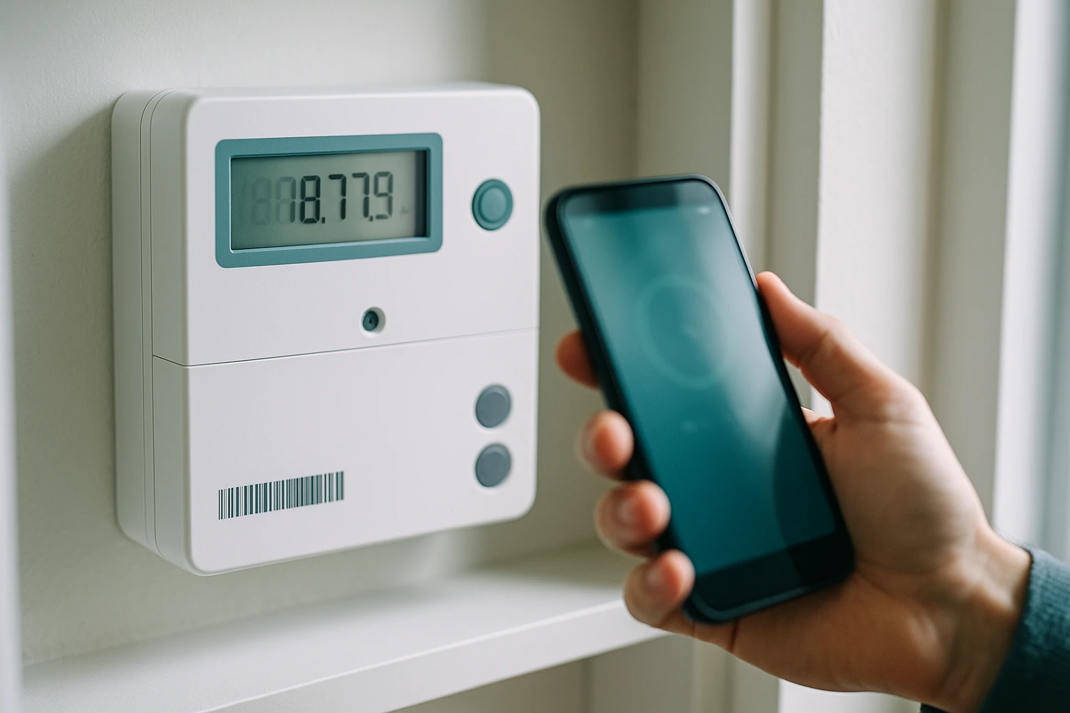 Close-up of a UK smart electricity meter with a hand holding a phone showing the serial number