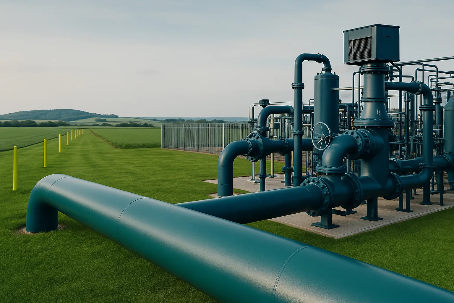 High-pressure gas transmission pipeline and an above-ground compressor installation in the British countryside