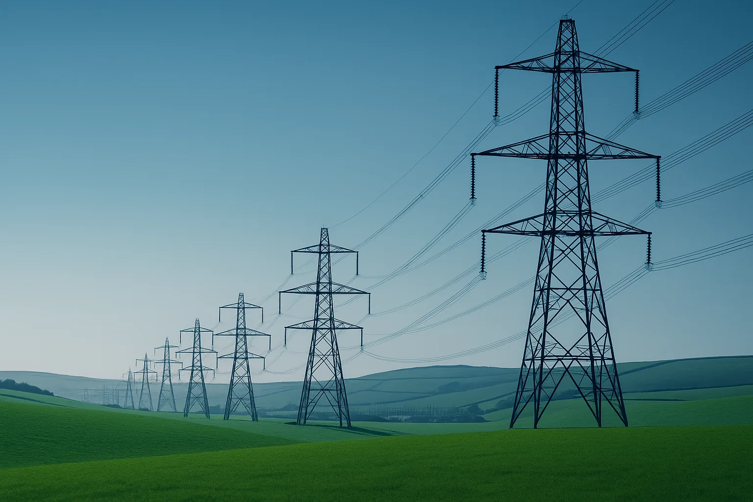 400,000-volt National Grid transmission pylons crossing English farmland