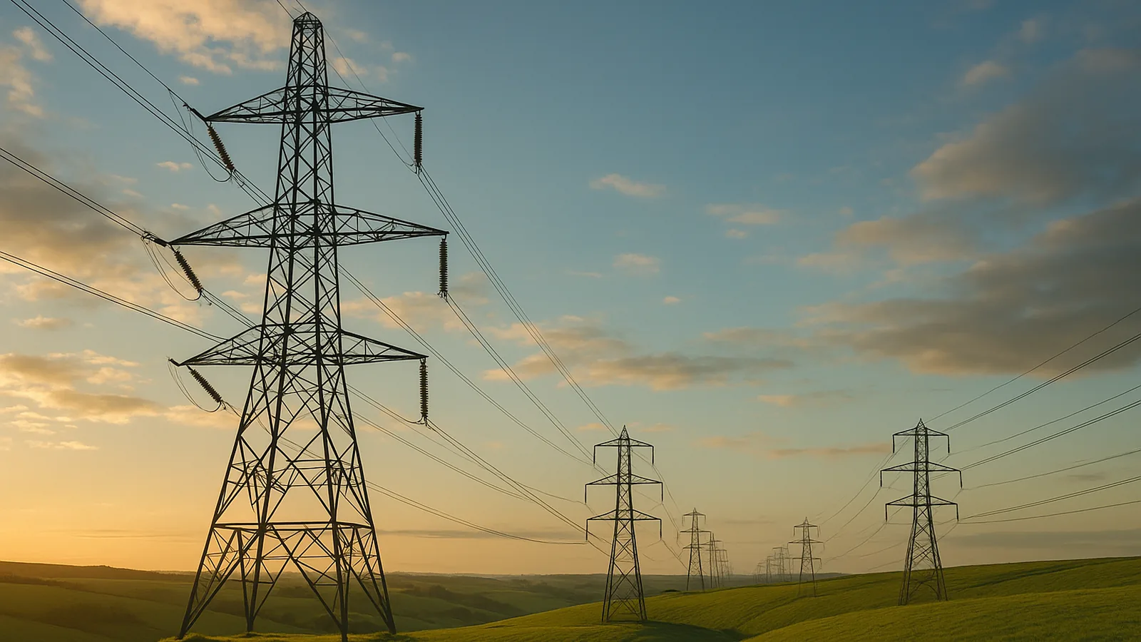 High-voltage electricity transmission pylons crossing the British countryside