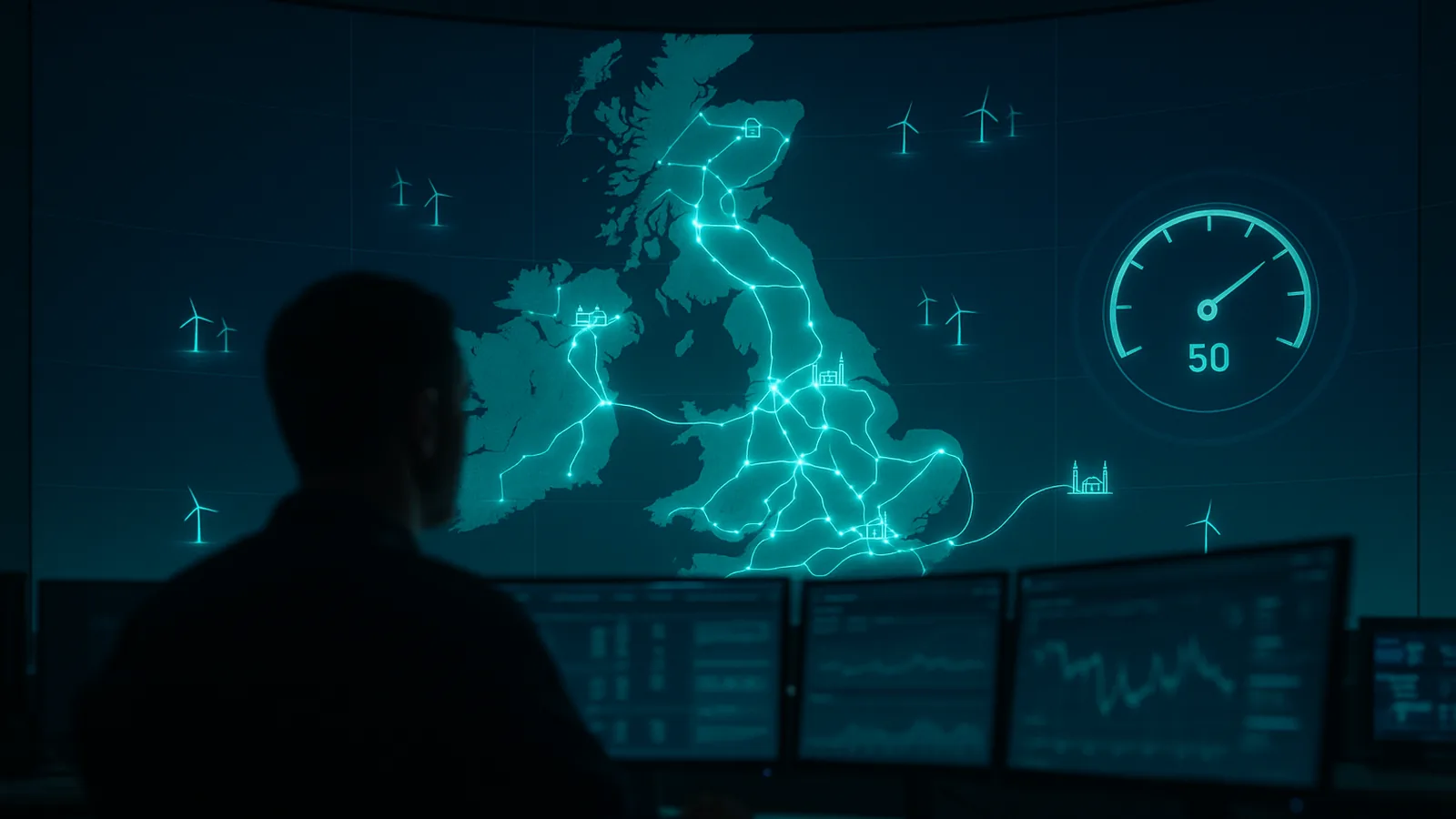 An energy control room balancing the Great Britain electricity grid in real time