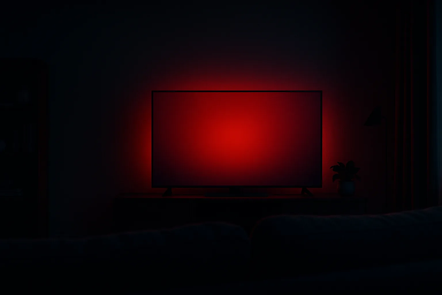 A large TV glowing with warm red light in a dark living room, evoking Netflix streaming