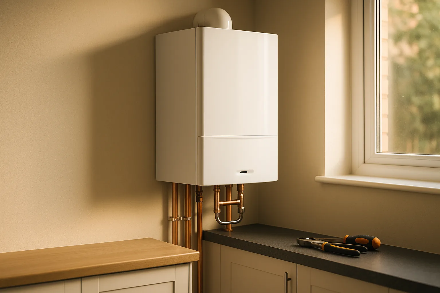 A new white combi boiler freshly installed in a UK utility room