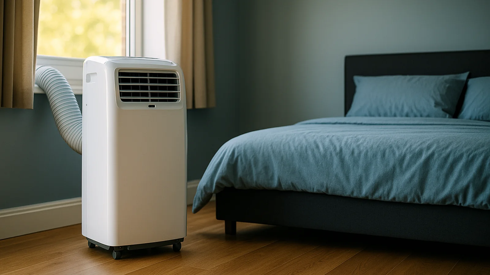 A white portable air conditioner with its exhaust hose vented through a window in a UK bedroom