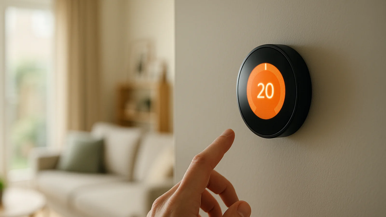 A round wall-mounted smart thermostat showing the temperature in a modern UK home