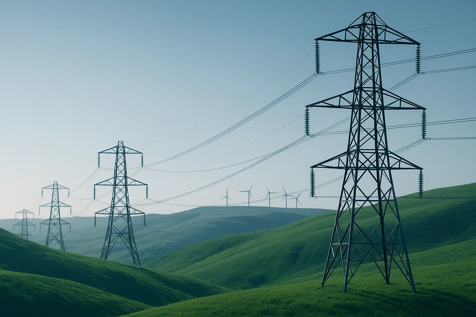 High-voltage transmission pylons crossing the hills of southern Scotland