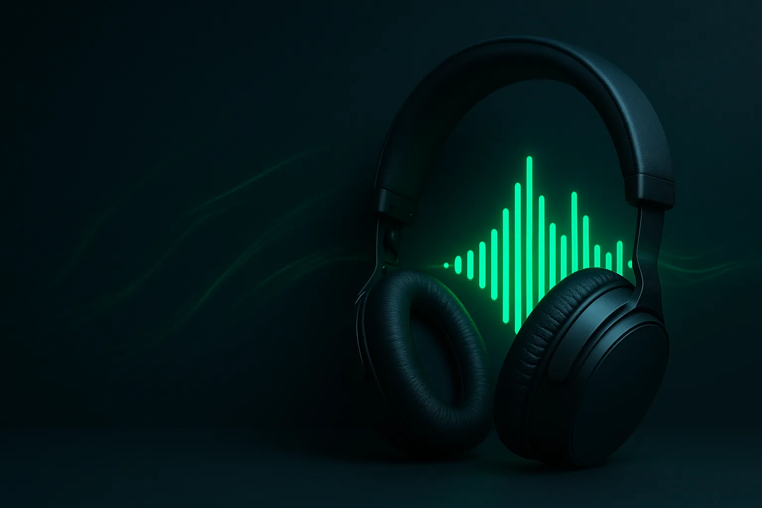 Premium headphones beside a glowing green audio waveform on a dark background
