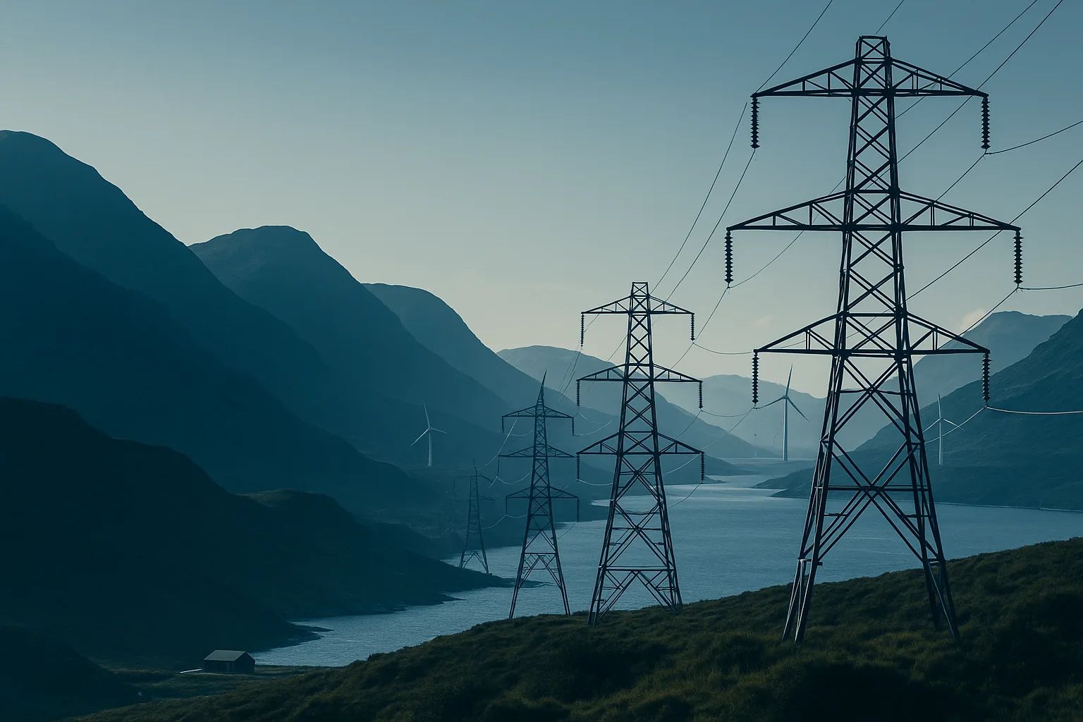 High-voltage transmission pylons crossing the Scottish Highlands with wind turbines
