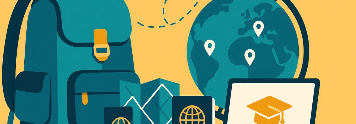 Student with a passport, laptop and travel guide for a study-abroad trip