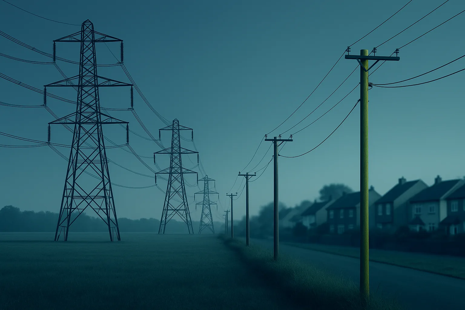 High-voltage transmission pylons feeding into local distribution wires toward UK homes