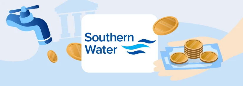 Southern Water bill on a desk next to a debit card and laptop