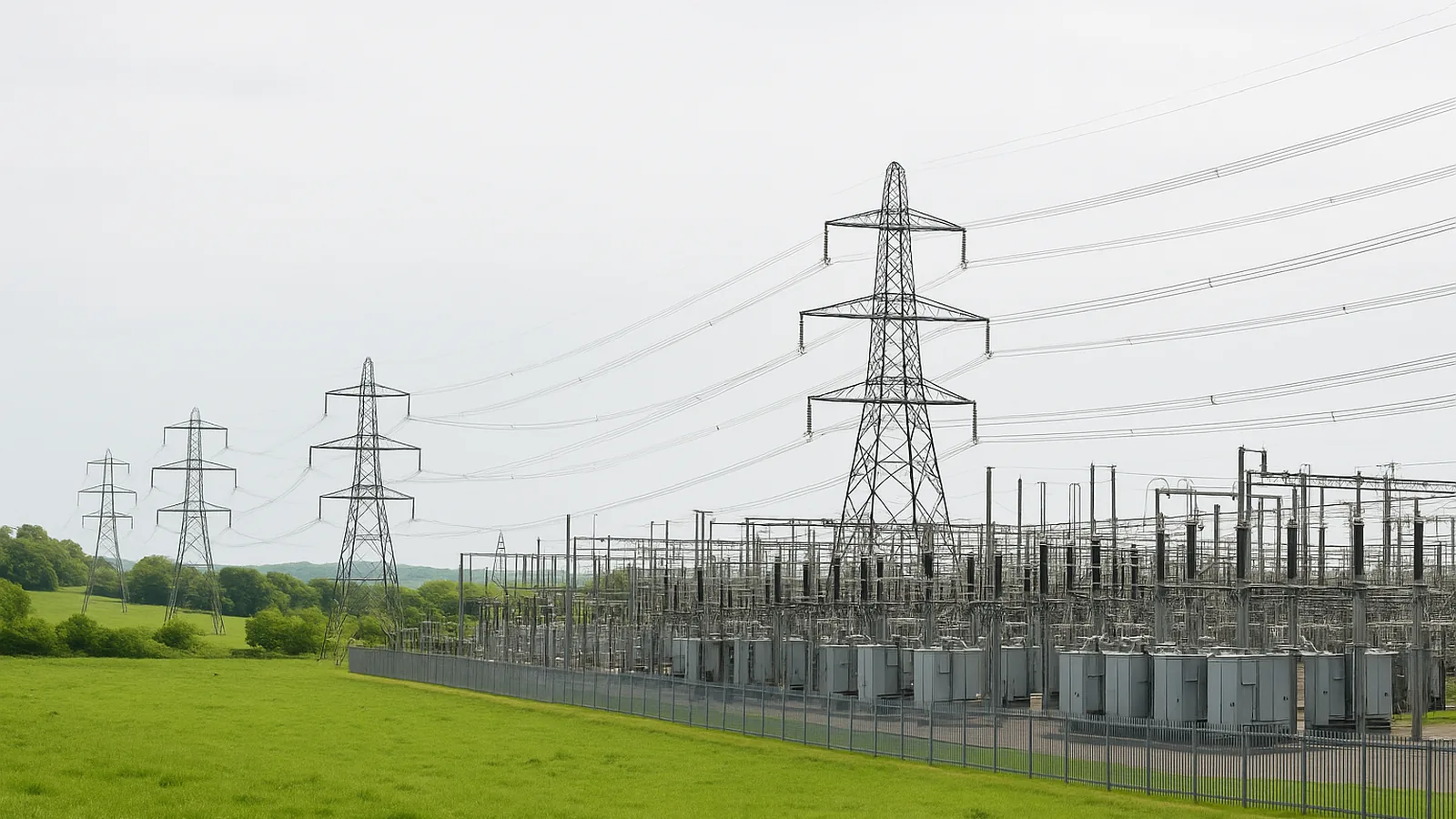 Transmission pylons leading to an electrical substation, the journey of electricity