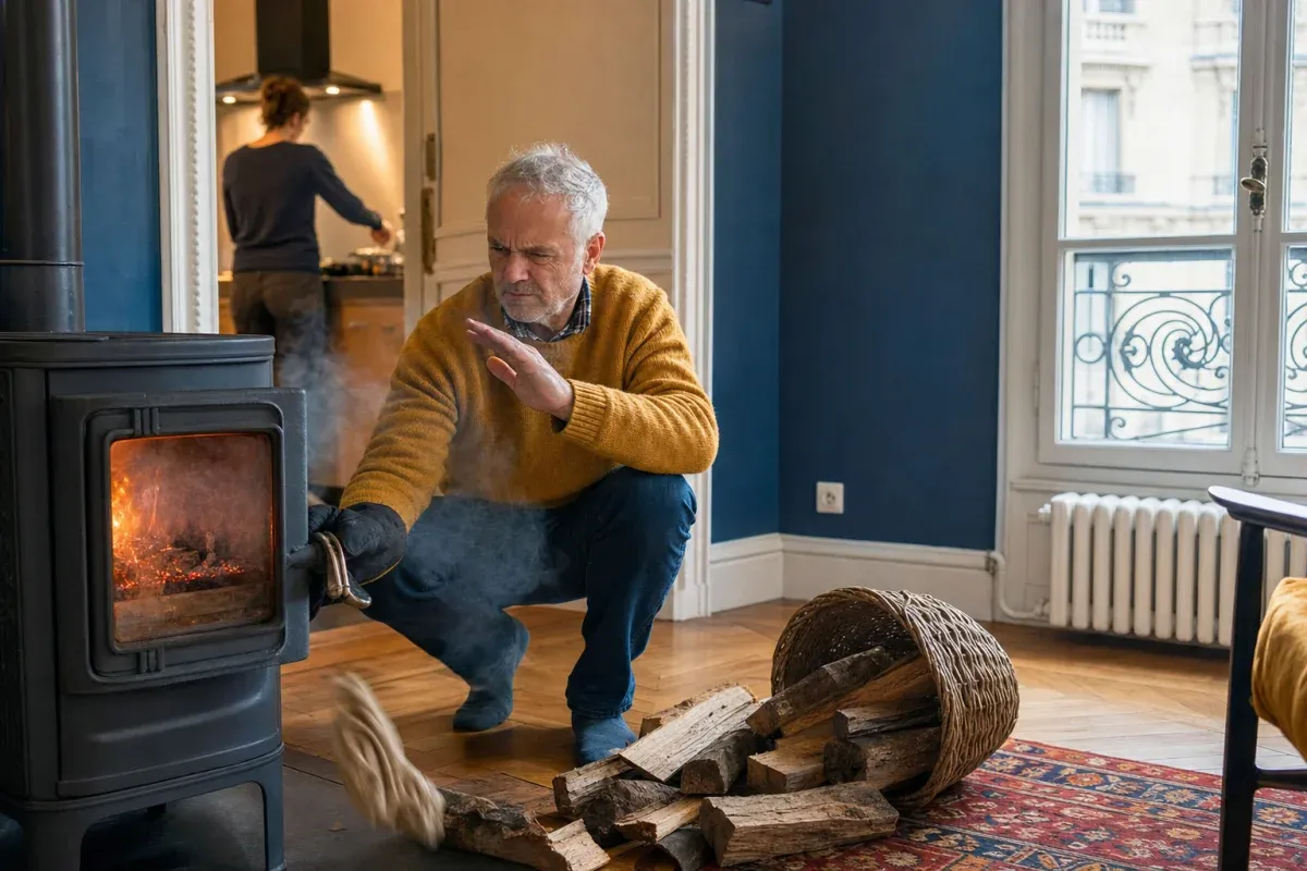 Wood burner smoking into the room: the open-window test that finds the fault in 30 seconds